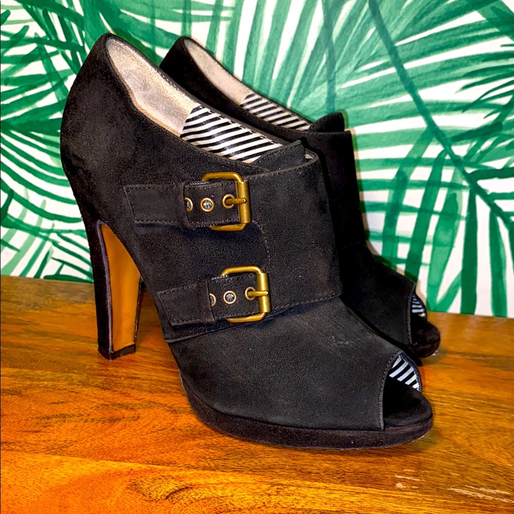 Vintage MOSCHINO Black Suede Peep Toe Ankle Booties Women’s 36/5